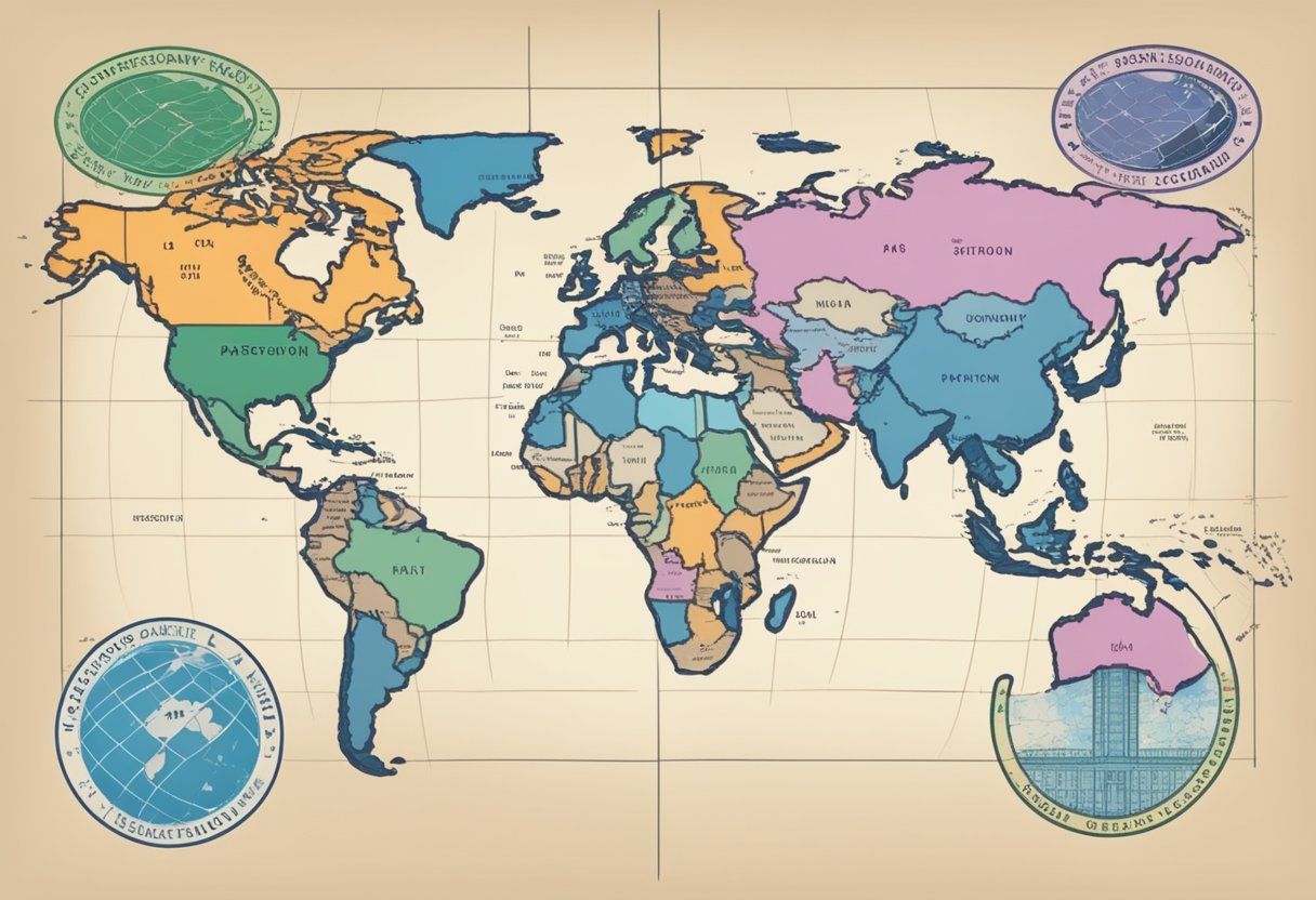 A passport stamp from a foreign country, a jail cell, and a map of the world